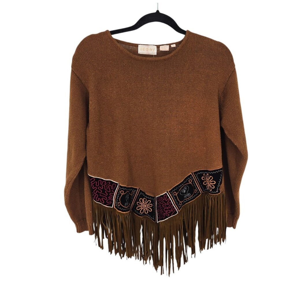 Xes ny womens Medium vintage Brown boho hippie fringe embroidered sweater